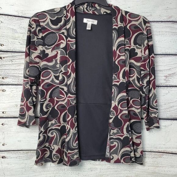 Dressbarn Open Front Cardigan Jacket Black Gray Burgundy Swirl Print Size M Medi - Picture 1 of 10